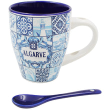 Load image into Gallery viewer, Algarve Blue Azulejo Pattern Ceramic Mug with Integrated Spoon
