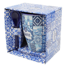 Load image into Gallery viewer, Algarve Blue Azulejo Pattern Ceramic Mug with Integrated Spoon
