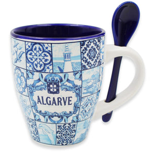 Algarve Blue Azulejo Pattern Ceramic Mug with Integrated Spoon