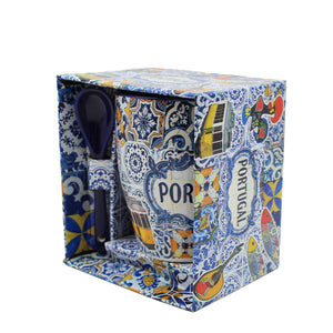 Traditional Portugal Icons Themed Ceramic Coffee Mug with Spoon and Gift Box