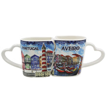 Load image into Gallery viewer, Traditional Blue Aveiro Portugal Ceramic Double Mug with Heart Handle, Set of 2
