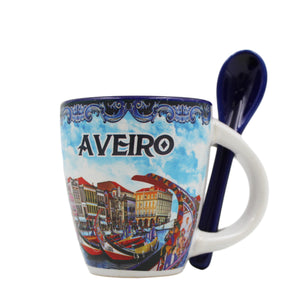 Traditional Portugal Aveiro Blue Ceramic Espresso Cup with Spoon and Gift Box
