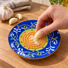 Load image into Gallery viewer, Hand-Painted Ceramic Garlic &amp; Tomato Grater Plate – Blue Floral, 5"
