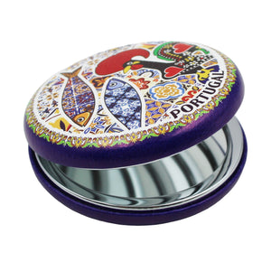 Portuguese Pocket Mirror with Barcelos Rooster, Sardine, and Azulejo Pattern