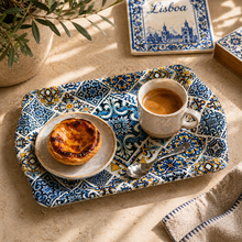 Load image into Gallery viewer, Portuguese Azulejo Metal Serving Tray with Blue &amp; Yellow Tile Design – 10" Decorative Coffee &amp; Pastry Tray
