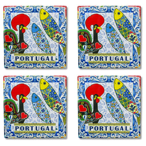 Set of 4 Square Ceramic Coasters with Cork Backing – Traditional Portuguese Imagery, Azulejo Background