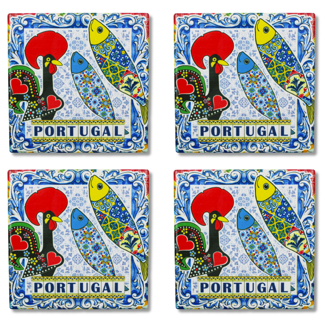 Set of 4 Square Ceramic Coasters with Cork Backing – Traditional Portuguese Imagery, Azulejo Background