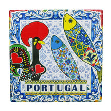 Load image into Gallery viewer, Set of 4 Square Ceramic Coasters with Cork Backing – Traditional Portuguese Imagery, Azulejo Background
