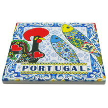 Load image into Gallery viewer, Set of 4 Square Ceramic Coasters with Cork Backing – Traditional Portuguese Imagery, Azulejo Background
