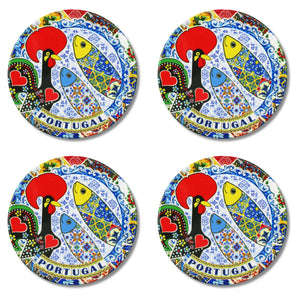 Set of 4 Ceramic Coasters with Cork Backing – Traditional Portuguese Imagery, Azulejo Background, Rooster & Sardine Design