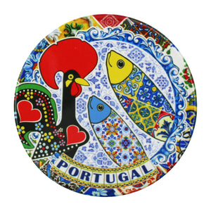 Set of 4 Ceramic Coasters with Cork Backing – Traditional Portuguese Imagery, Azulejo Background, Rooster & Sardine Design