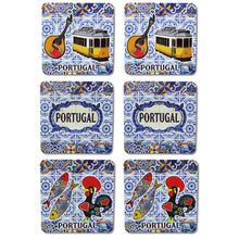 Load image into Gallery viewer, Portuguese Themed Coaster Set - 6 Piece Collection with Fado Guitar, Tram, Tile Azulejo, Rooster &amp; Sardine Design
