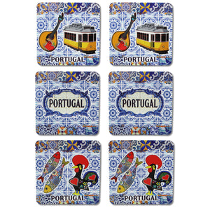 Portuguese Themed Coaster Set - 6 Piece Collection with Fado Guitar, Tram, Tile Azulejo, Rooster & Sardine Design