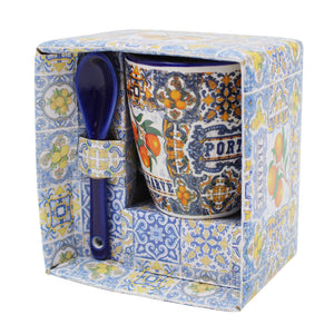 Algarve Colorful Azulejo Pattern Ceramic Espresso Cup with Integrated Spoon