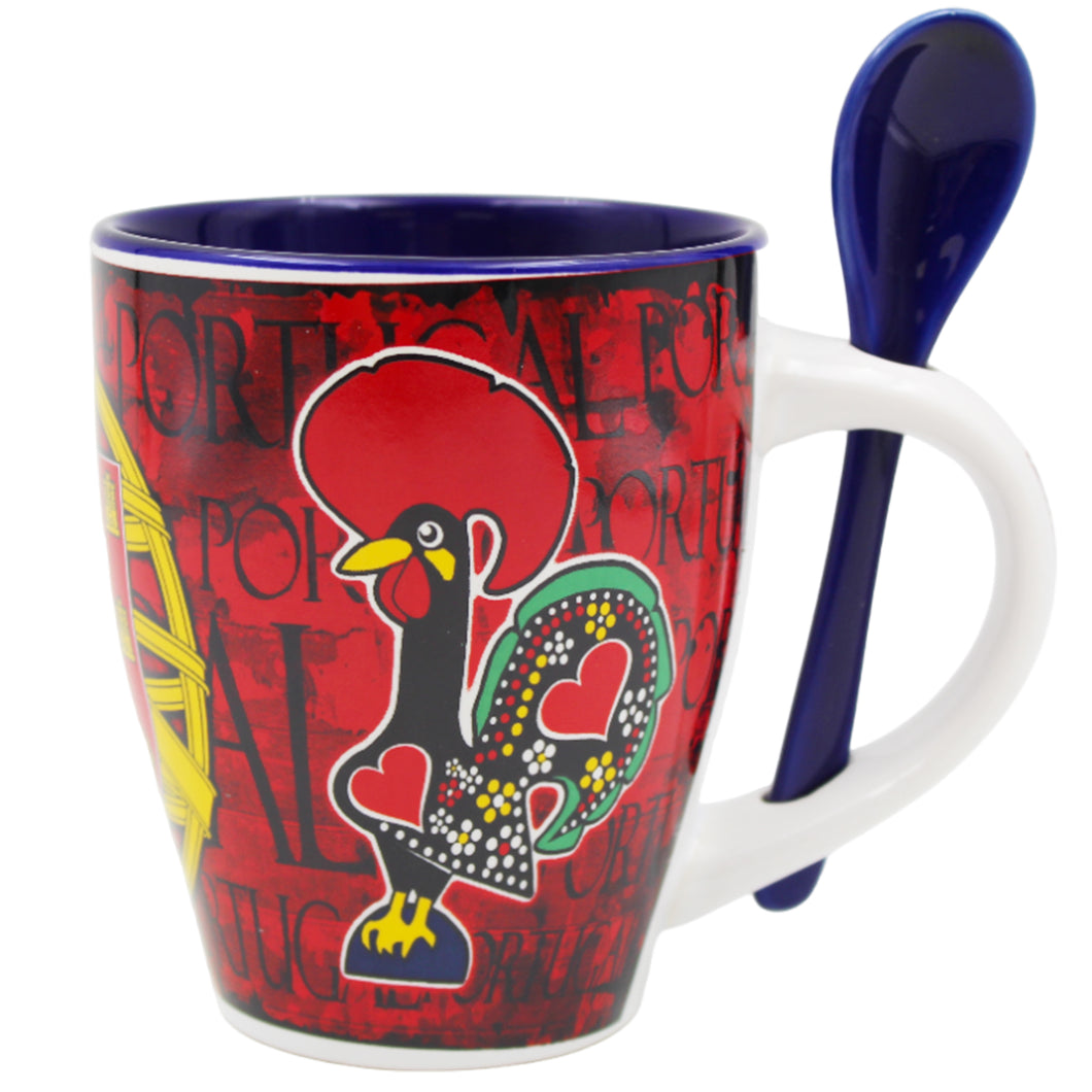 Portuguese Armillary Sphere & Rooster - Ceramic Mug with Spoon Set