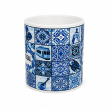 Load image into Gallery viewer, Portugal Ceramic Coffee Mug with Blue Azulejo Tile Design &amp; Portuguese Icons, 10 oz
