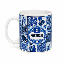 Load image into Gallery viewer, Portugal Ceramic Coffee Mug with Blue Azulejo Tile Design &amp; Portuguese Icons, 10 oz
