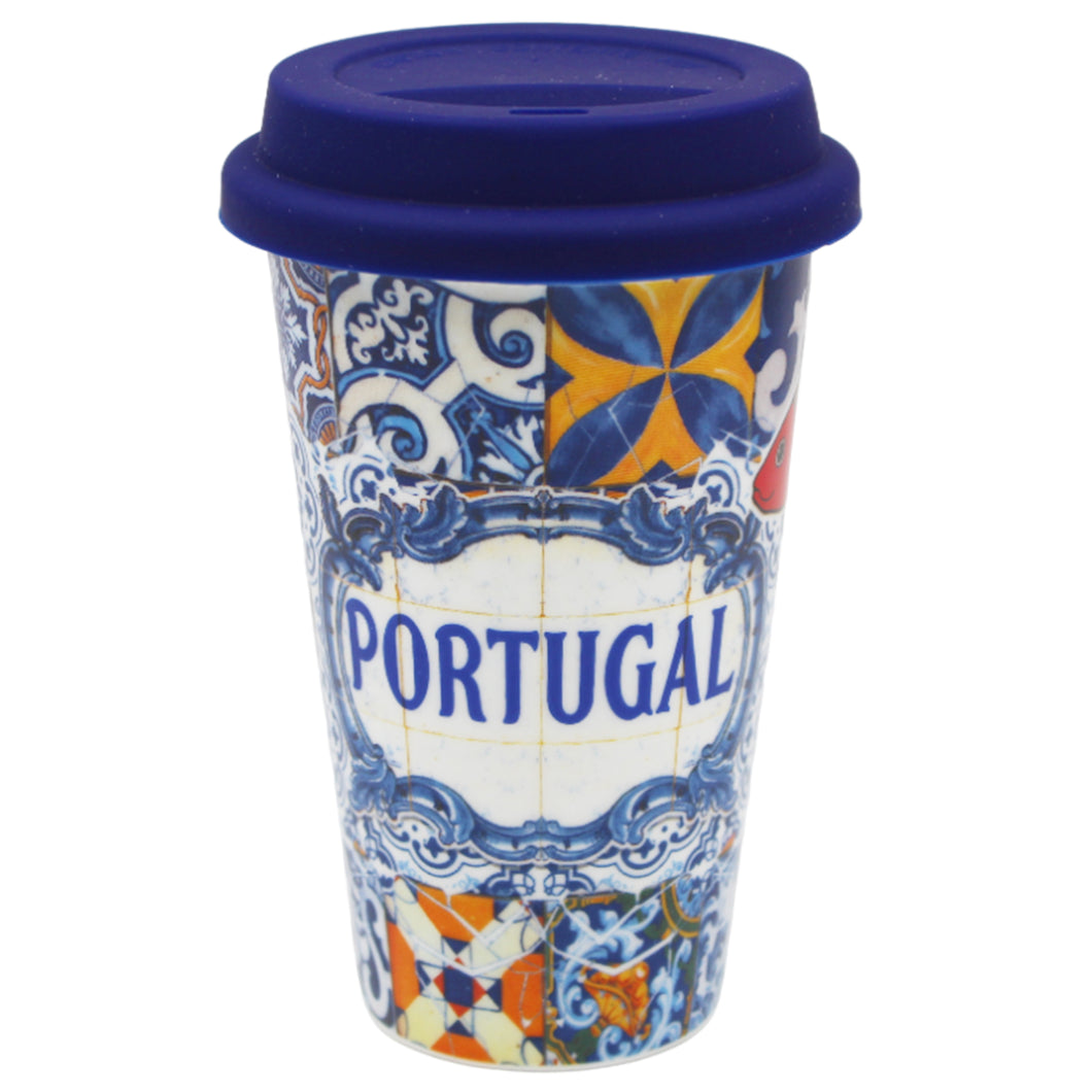 Ceramic Mug with Silicone Lid - Vibrant Portuguese Icons Azulejo Pattern