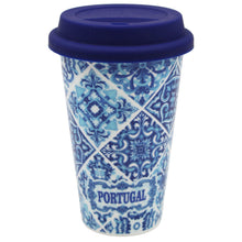 Load image into Gallery viewer, Ceramic Mug with Silicone Lid - Blue and White Portuguese Azulejo Pattern
