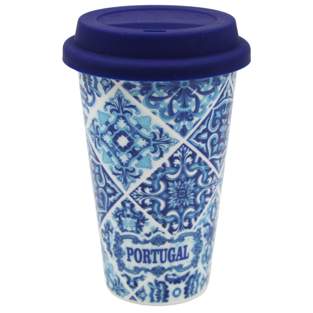 Ceramic Mug with Silicone Lid - Blue and White Portuguese Azulejo Pattern