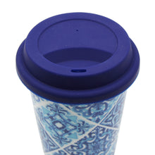 Load image into Gallery viewer, Ceramic Mug with Silicone Lid - Blue and White Portuguese Azulejo Pattern
