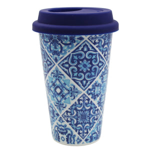 Ceramic Mug with Silicone Lid - Blue and White Portuguese Azulejo Pattern