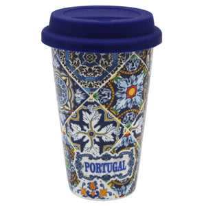 Ceramic Mug with Silicone Lid - Vibrant Portuguese Azulejo Pattern