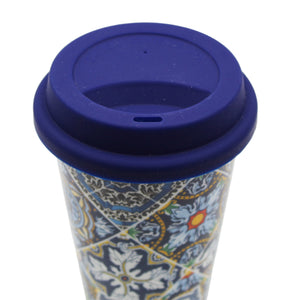 Ceramic Mug with Silicone Lid - Vibrant Portuguese Azulejo Pattern