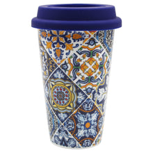 Load image into Gallery viewer, Ceramic Mug with Silicone Lid - Vibrant Portuguese Azulejo Pattern
