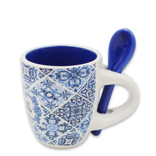 Load image into Gallery viewer, Portuguese Blue and White Azulejo Pattern Ceramic Espresso Cup with Spoon
