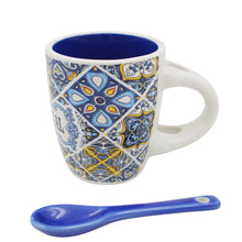 Load image into Gallery viewer, Portuguese Blue and Yellow Azulejo Pattern Ceramic Espresso Cup with Spoon
