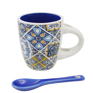 Portuguese Blue and Yellow Azulejo Pattern Ceramic Espresso Cup with Spoon