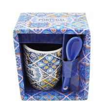 Load image into Gallery viewer, Portuguese Blue and Yellow Azulejo Pattern Ceramic Espresso Cup with Spoon
