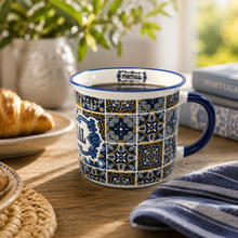 Load image into Gallery viewer, Portuguese Azulejo Ceramic Mug – Blue &amp; White Tile Pattern Coffee Cup, 12 oz
