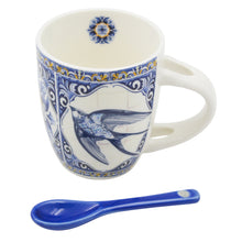 Load image into Gallery viewer, Portuguese Ceramic Espresso Cup with Spoon – Blue Swallow Azulejo Design
