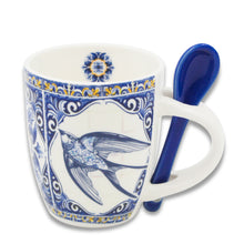 Load image into Gallery viewer, Portuguese Ceramic Espresso Cup with Spoon – Blue Swallow Azulejo Design
