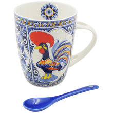 Load image into Gallery viewer, Ceramic Rooster Mug with Integrated Spoon - Traditional Portuguese Azulejo Style
