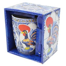 Load image into Gallery viewer, Ceramic Rooster Mug with Integrated Spoon - Traditional Portuguese Azulejo Style
