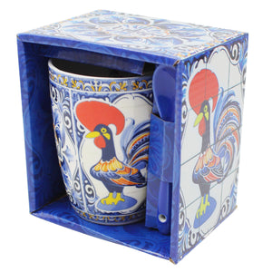 Ceramic Rooster Mug with Integrated Spoon - Traditional Portuguese Azulejo Style