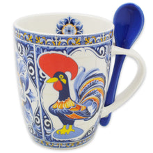 Load image into Gallery viewer, Ceramic Rooster Mug with Integrated Spoon - Traditional Portuguese Azulejo Style
