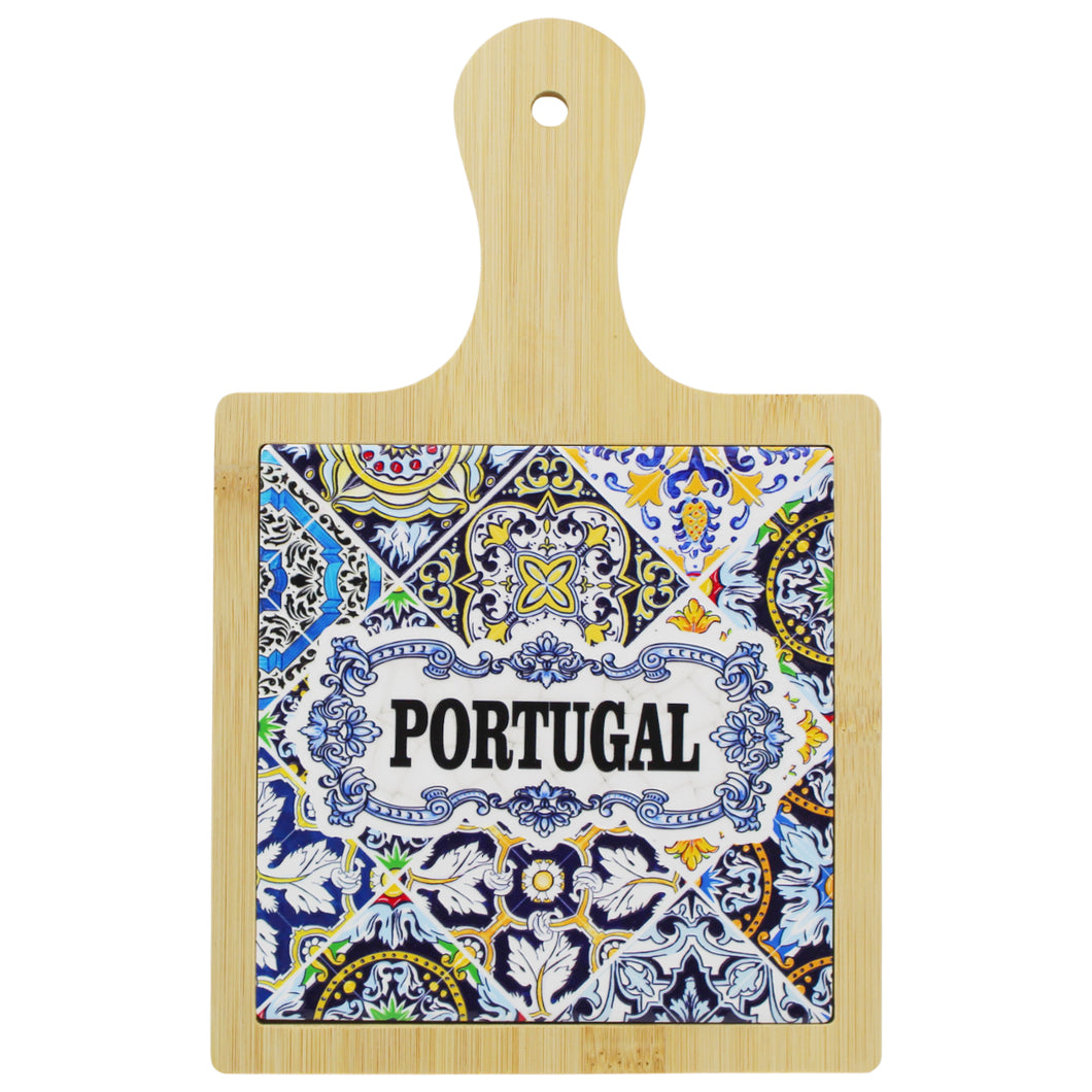 Portugal Decorative Wooden Serving Tray with Ceramic Tile Center and Handle