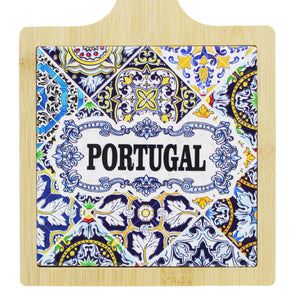 Portugal Decorative Wooden Serving Tray with Ceramic Tile Center and Handle