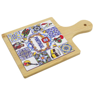 Portugal Icons and Azulejo Design Wood Serving Tray with Handle