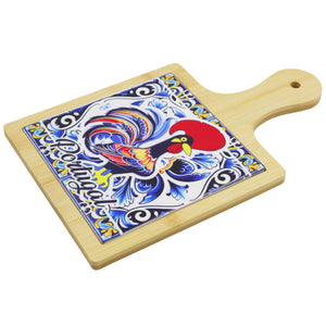 Portuguese Rooster Design Wooden Serving Tray with Ceramic Tile Center