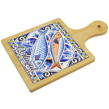 Load image into Gallery viewer, Portugal Sardine Design Wooden Serving Tray with Ceramic Tile Center
