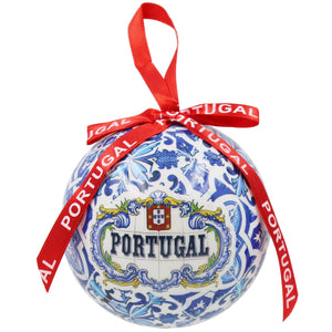 Portugal Christmas Ornament with Blue Azulejo-Style Design and Red Portugal Ribbon