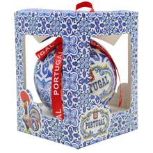 Load image into Gallery viewer, Portugal Christmas Ornament with Blue Azulejo-Style Design and Red Portugal Ribbon
