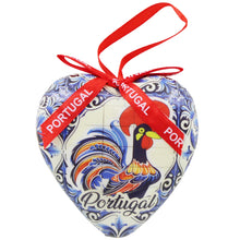 Load image into Gallery viewer, Heart-Shaped Portugal Christmas Ornament with Barcelos Rooster Azulejo Tile Design and Ribbon
