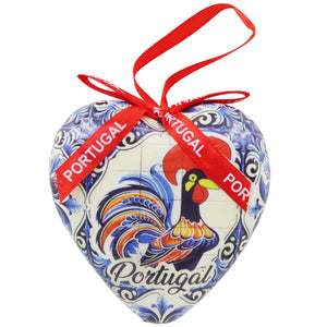 Heart-Shaped Portugal Christmas Ornament with Barcelos Rooster Azulejo Tile Design and Ribbon