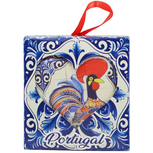 Heart-Shaped Portugal Christmas Ornament with Barcelos Rooster Azulejo Tile Design and Ribbon